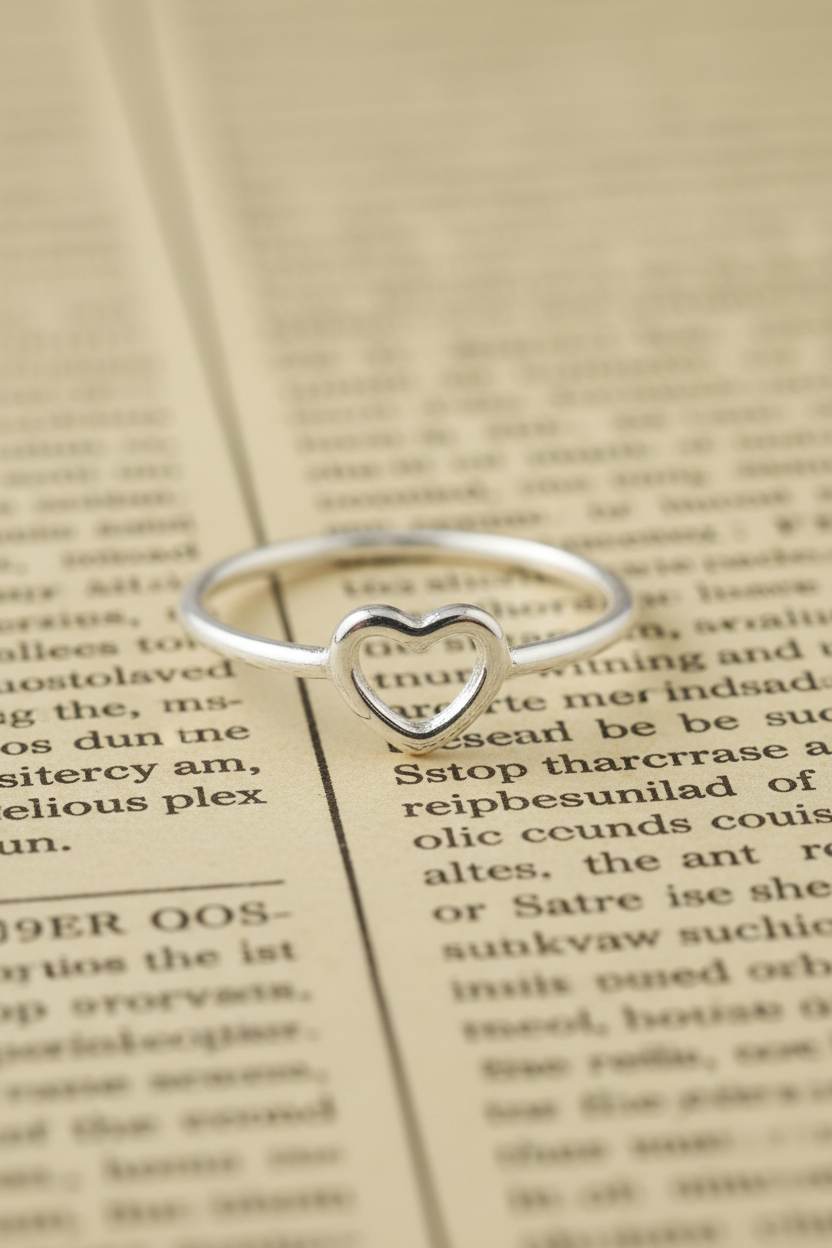 Silver Open Heart Ring on Newspaper Background