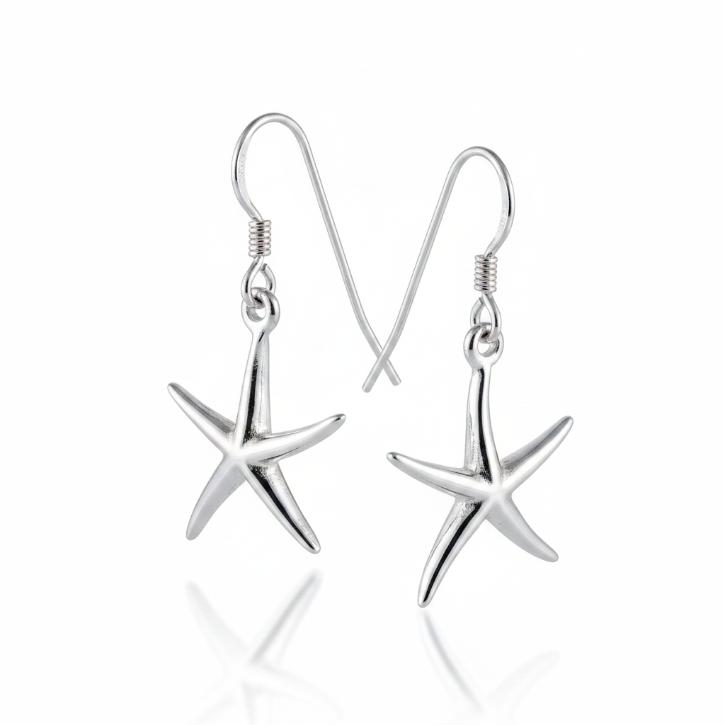 Silver Starfish Dangle Earrings - White Background