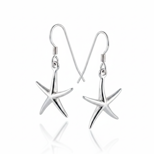 Silver Starfish Dangle Earrings - White Background
