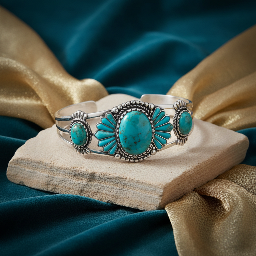 Silver Turquoise Cuff Bracelet with Beautiful Background