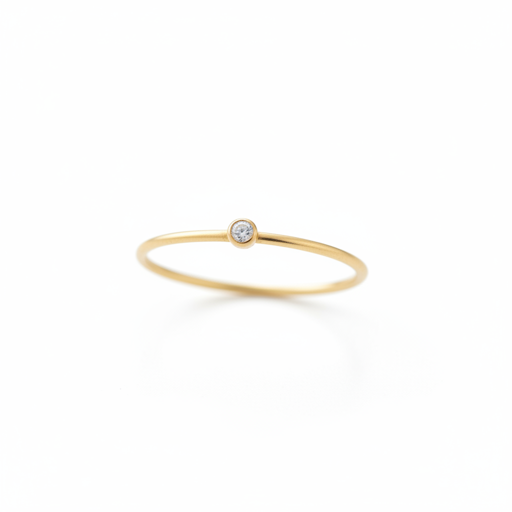 Single Stone Minimalist Gold Ring Angled White Background HD