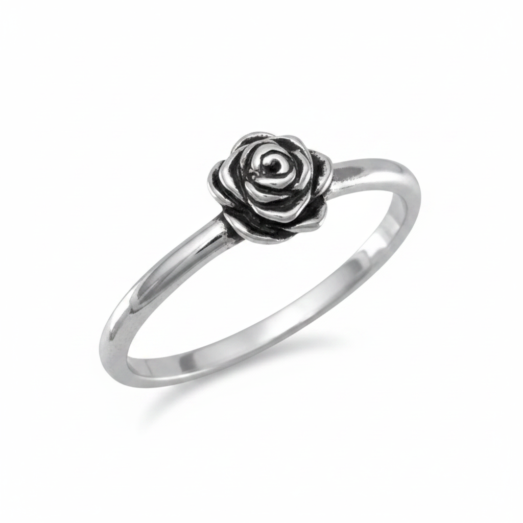 Small Rose Flower Stacking Ring Sterling Silver Oxidized Pure White Background Tilted Reflection 1x1