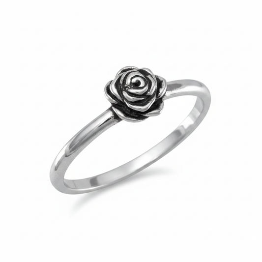 Small Rose Flower Stacking Ring Sterling Silver Oxidized Pure White Background Tilted Reflection 1x1
