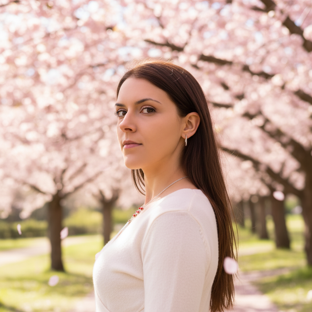 Small Thin Silver Hoop Earrings Elegant Model Cherry Blossom Garden Spring Pink Bokeh Fashion Editorial 1x1