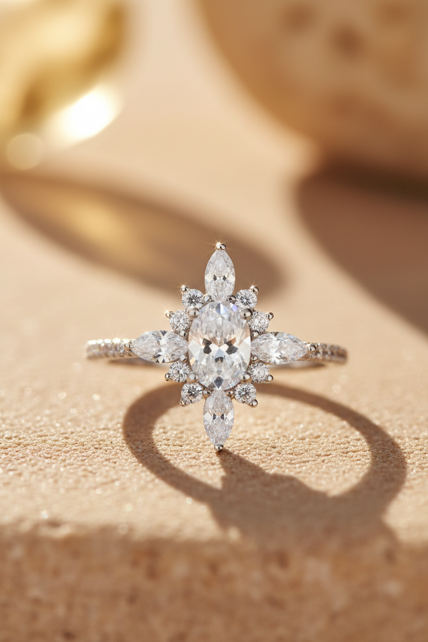 Snowflake Star Cluster CZ Pave Band Silver Ring Sunlight Background