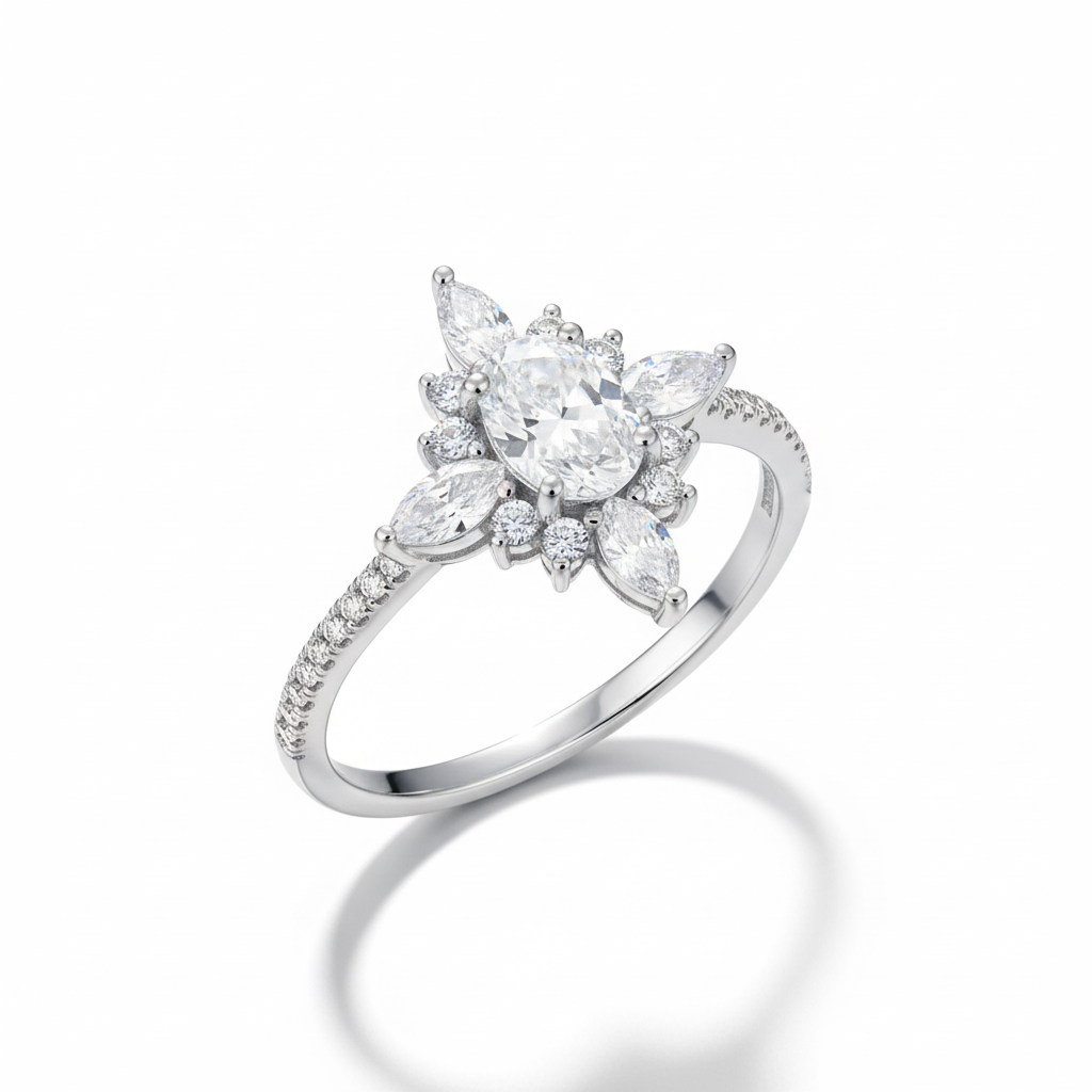 Snowflake Star Cluster CZ Ring Tilted White Background 1x1