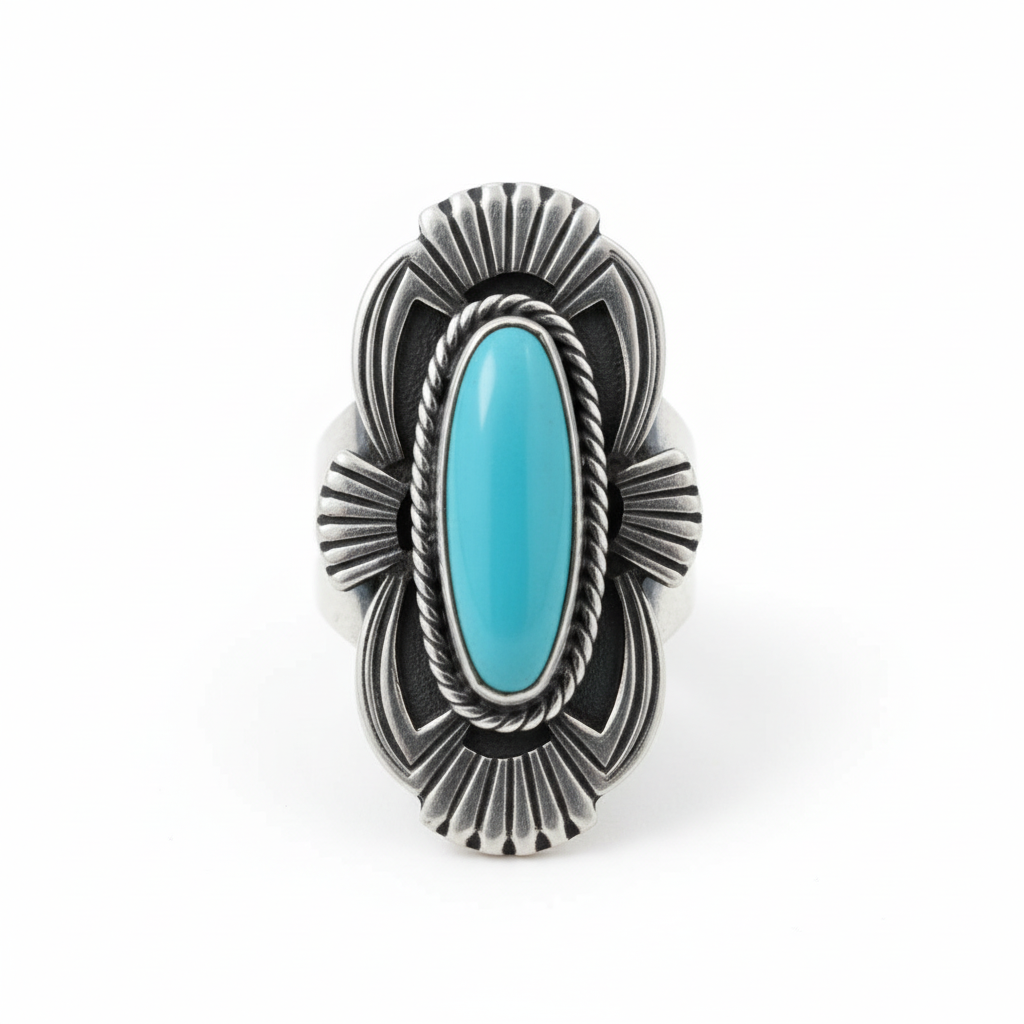 Southwestern Turquoise Shield Ring White Background HD