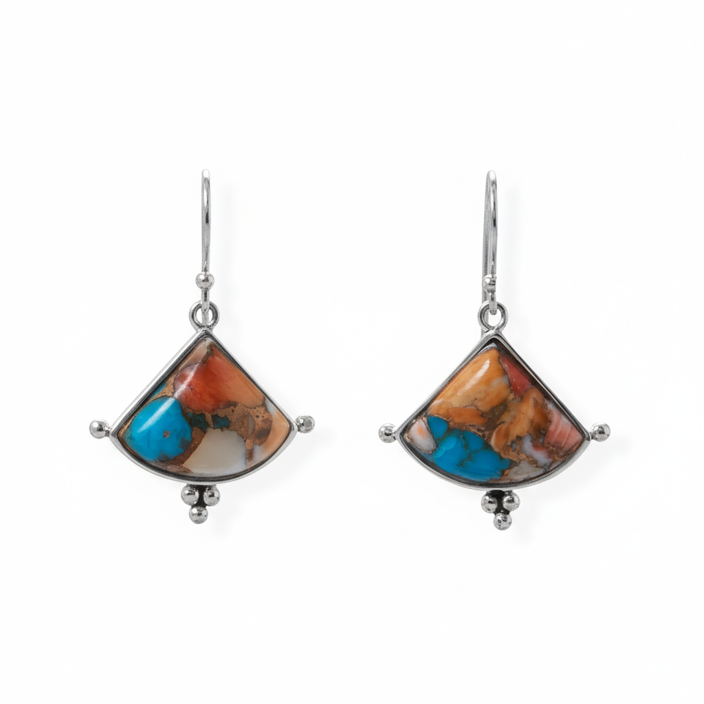 Sterling silver spiny oyster and turquoise triangle earrings symmetrical view