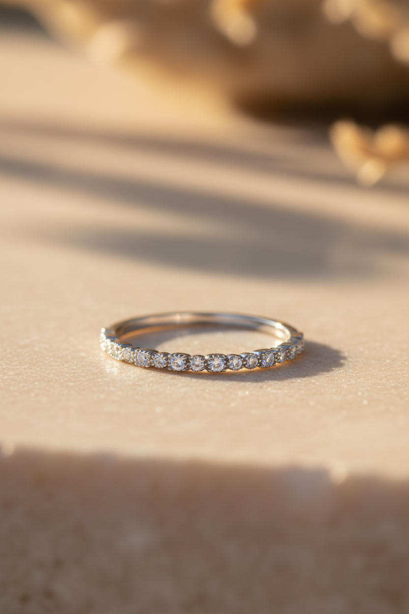 Thin Milgrain CZ Half Eternity Rhodium Silver Ring Sunlight Background