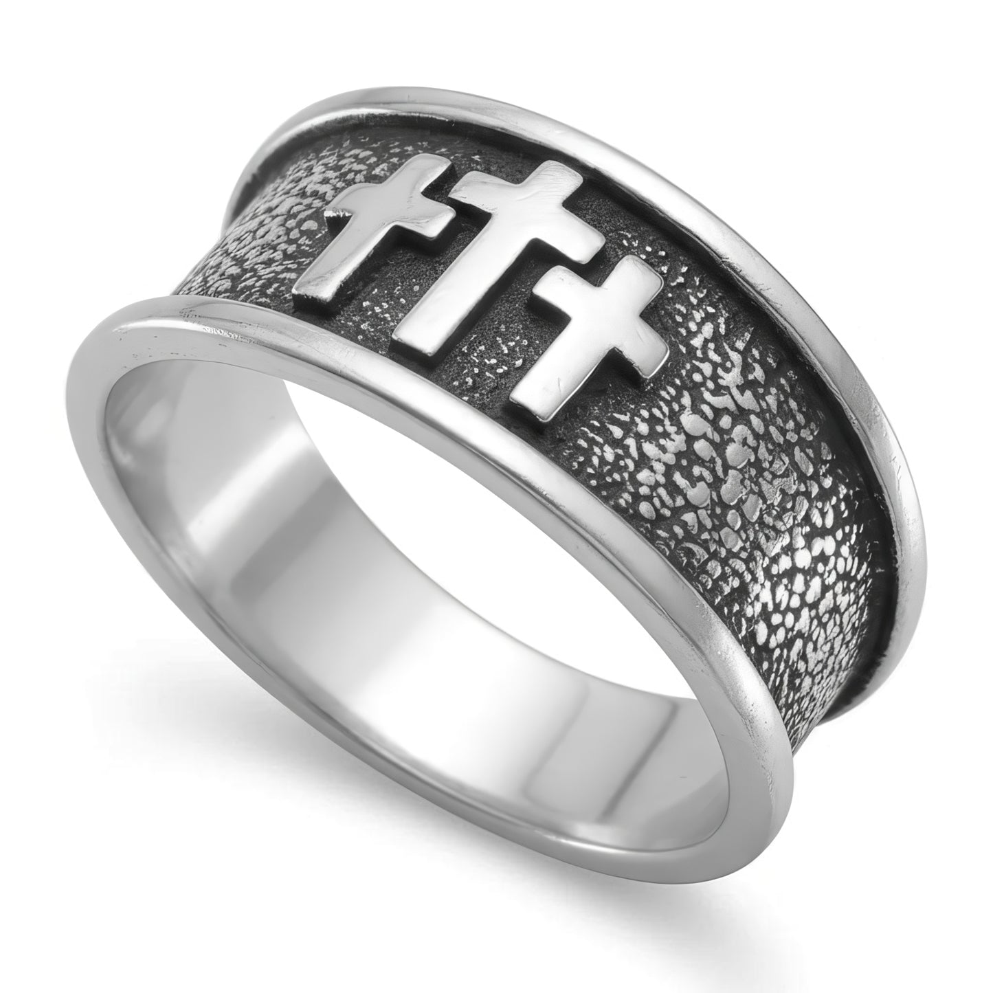 Sterling Silver Three Cross Ring, Oxidized, Raised Design, Tapered Band, Sizes 8-13