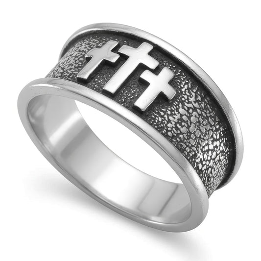Sterling Silver Three Cross Ring, Oxidized, Raised Design, Tapered Band, Sizes 8-13