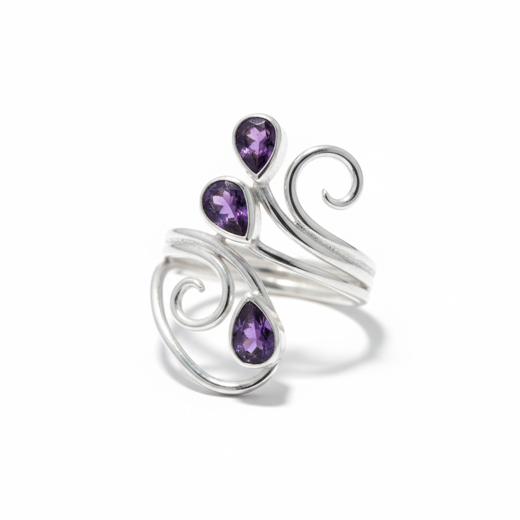 Three Pear Amethyst Open Scroll Vine Ring Tilted White Background 1x1