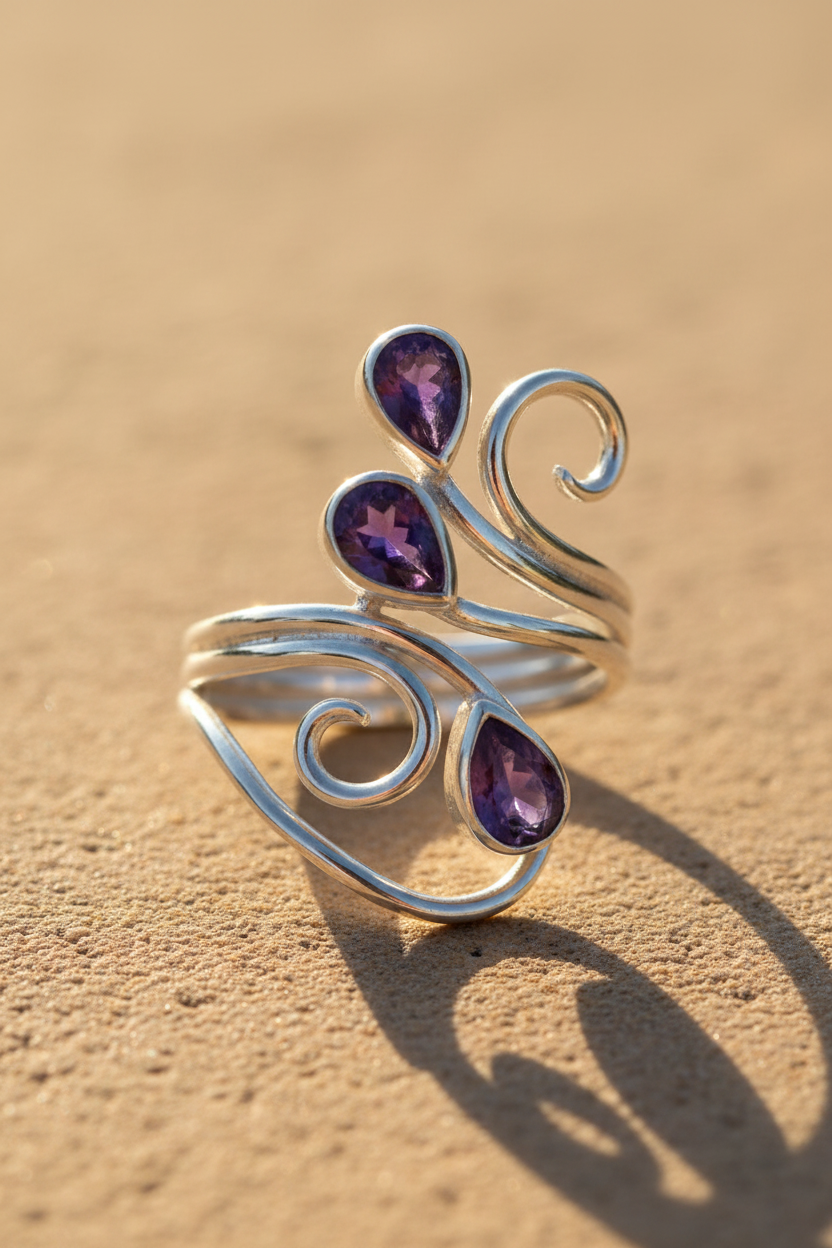 Three Pear Amethyst Open Scroll Vine Silver Ring Sunlight Background