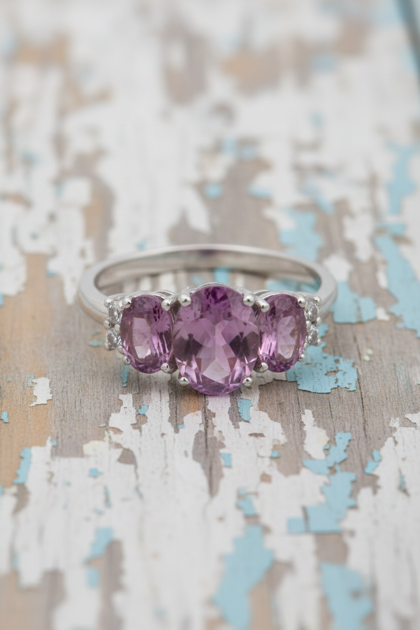 Three Stone Amethyst Silver Ring Weathered Wood Background