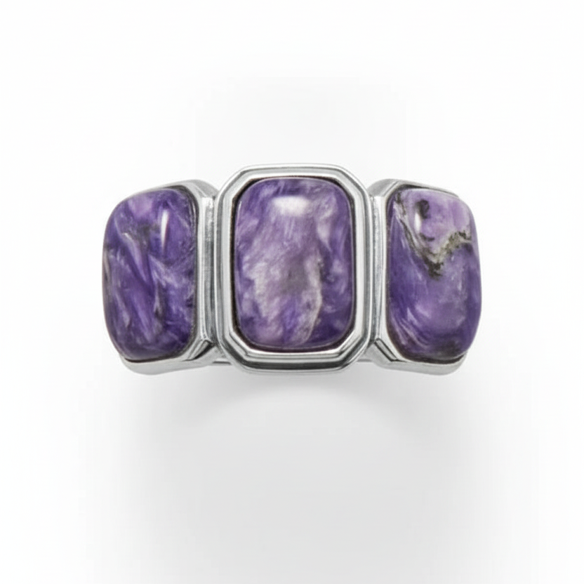 Three Stone Charoite Ring Top Down Pure White Background