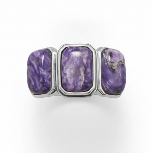 Three Stone Charoite Ring Top Down Pure White Background