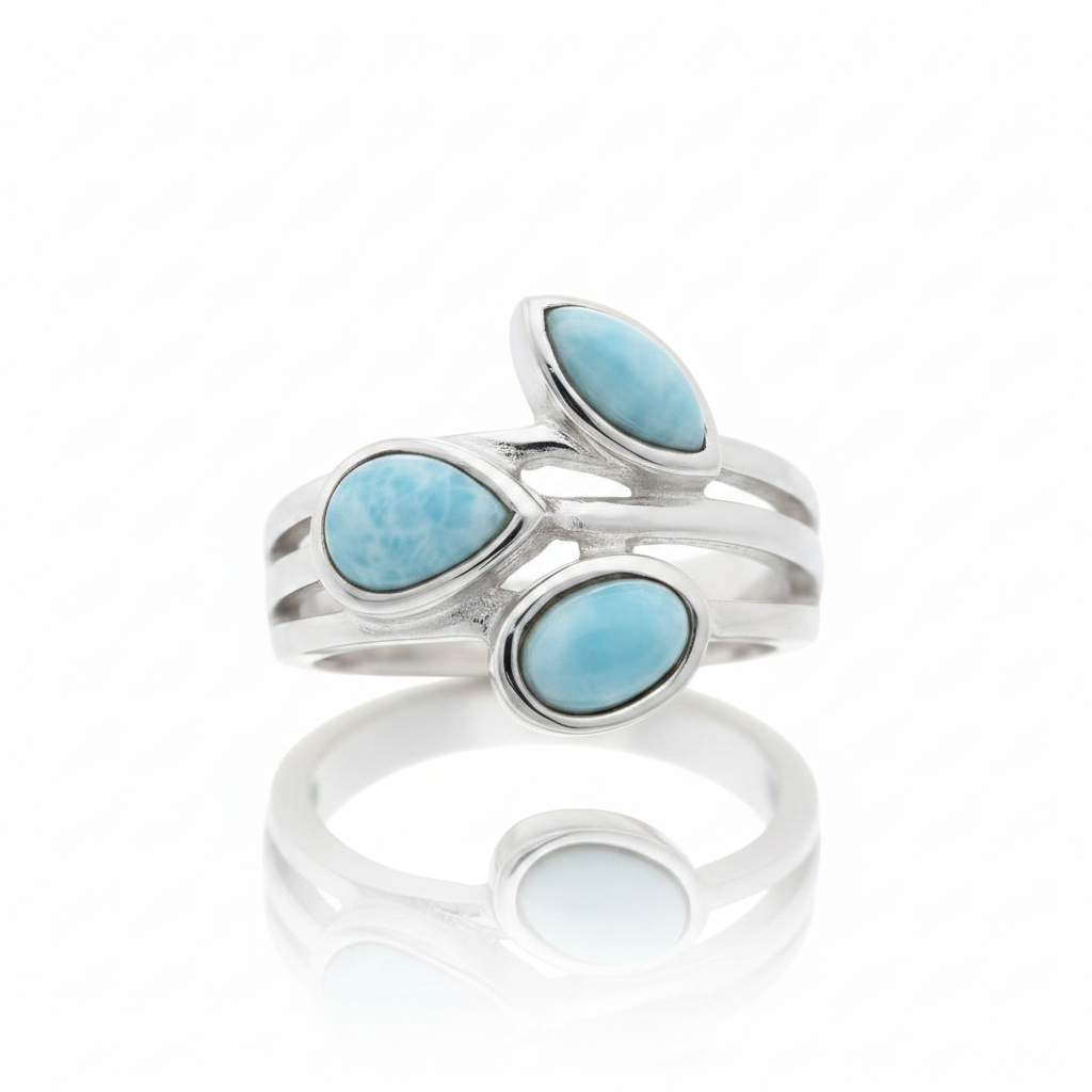 Three Stone Larimar Multi-Shape Split Band Silver Ring Pure White Background Tilted Reflection 1x1