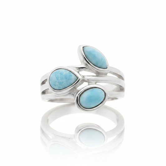 Three Stone Larimar Multi-Shape Split Band Silver Ring Pure White Background Tilted Reflection 1x1
