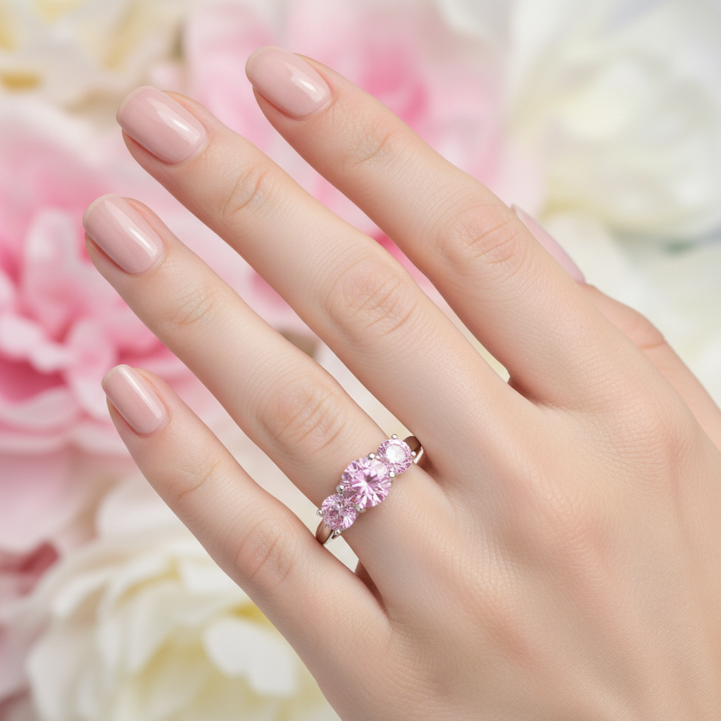Three Stone Pink CZ Silver Ring Elegant Female Model Hand Romantic Pink Floral Bokeh Lifestyle 1x1