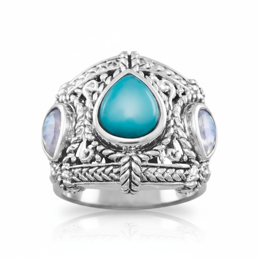 Three Stone Turquoise Moonstone Wide Balinese Filigree Dome Silver Ring Supplier Reference Pure White Background Tilted 1x1