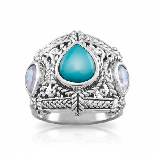 Three Stone Turquoise Moonstone Wide Balinese Filigree Dome Silver Ring Supplier Reference Pure White Background Tilted 1x1