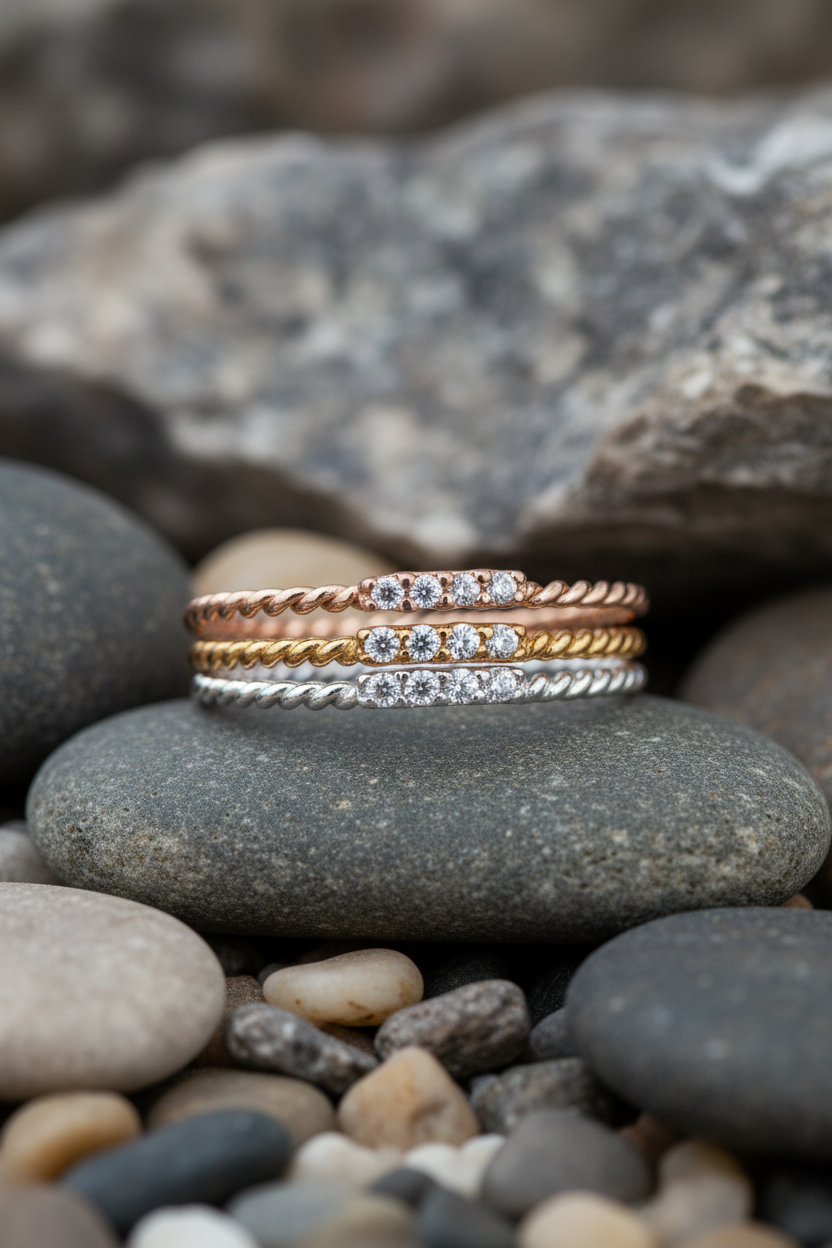 Three Tone Twisted Rope CZ Stacking Ring Set Rock Background