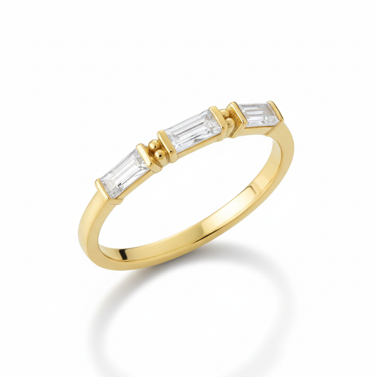 Triple Baguette CZ Gold Ring Angled White Background HD