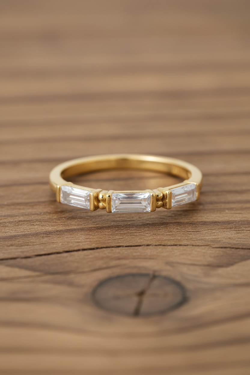 Triple Baguette CZ Gold Ring Wood Background