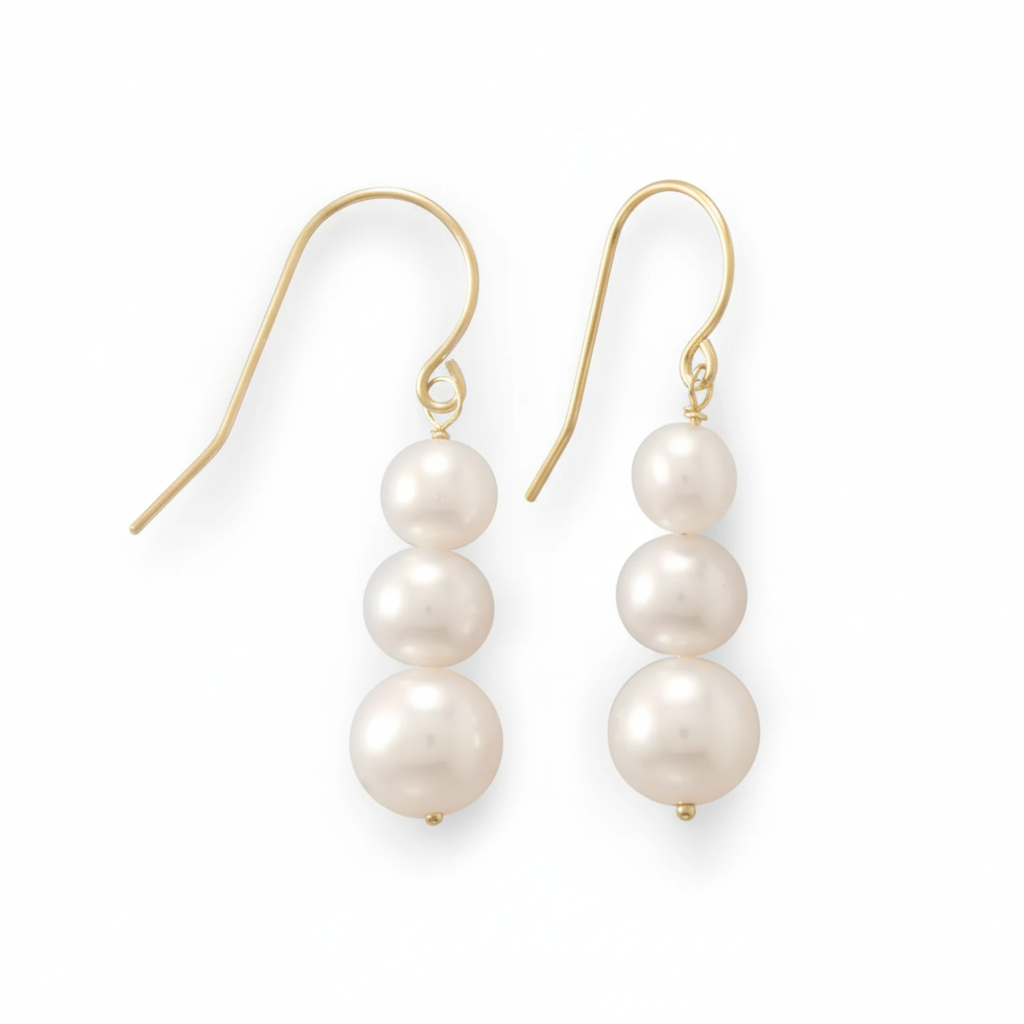 Triple pearl earrings angled view
