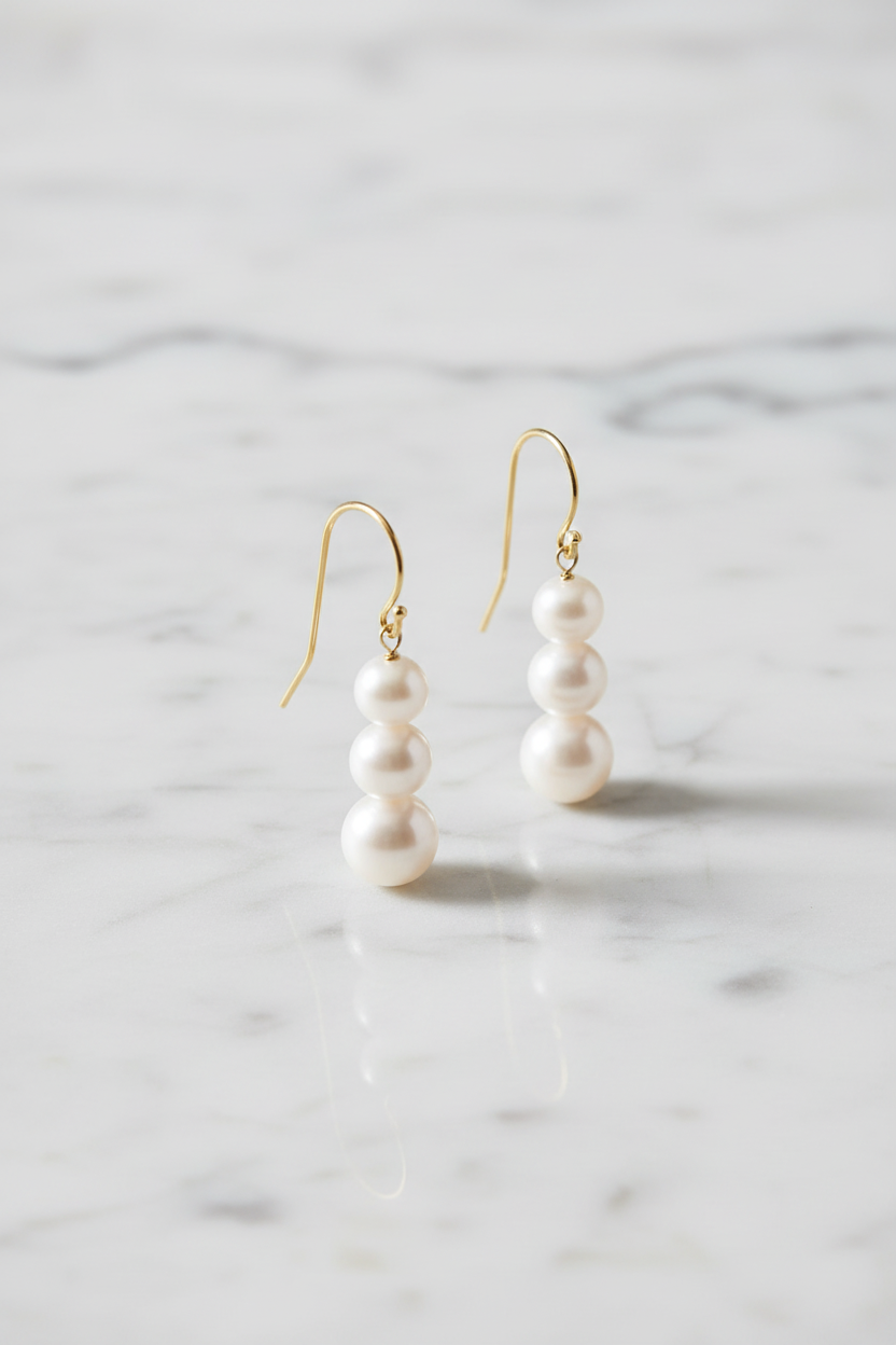 Triple pearl earrings on white marble