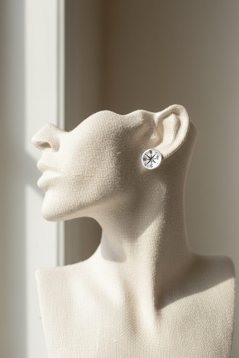 True north compass earrings on cream mannequin
