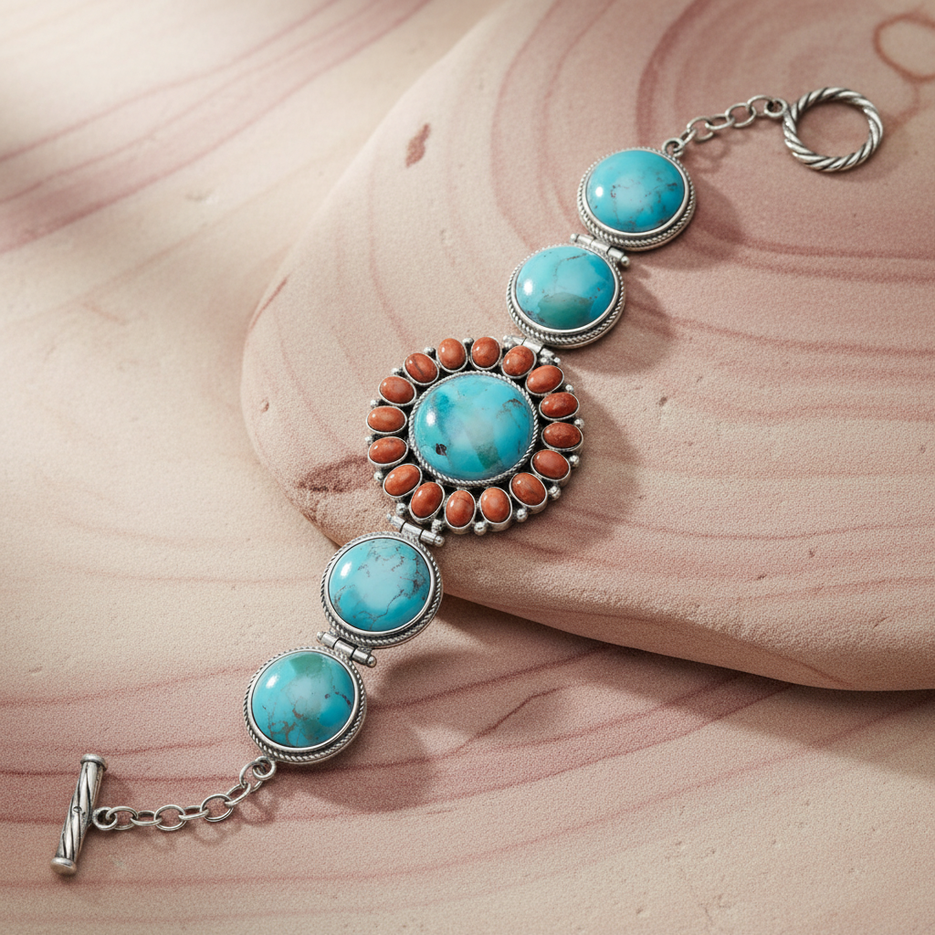 Turquoise and coral bracelet with elegant background