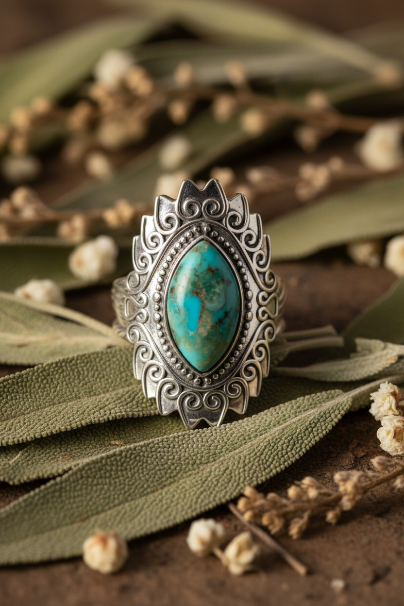Turquoise Crown Ring on Botanical Background
