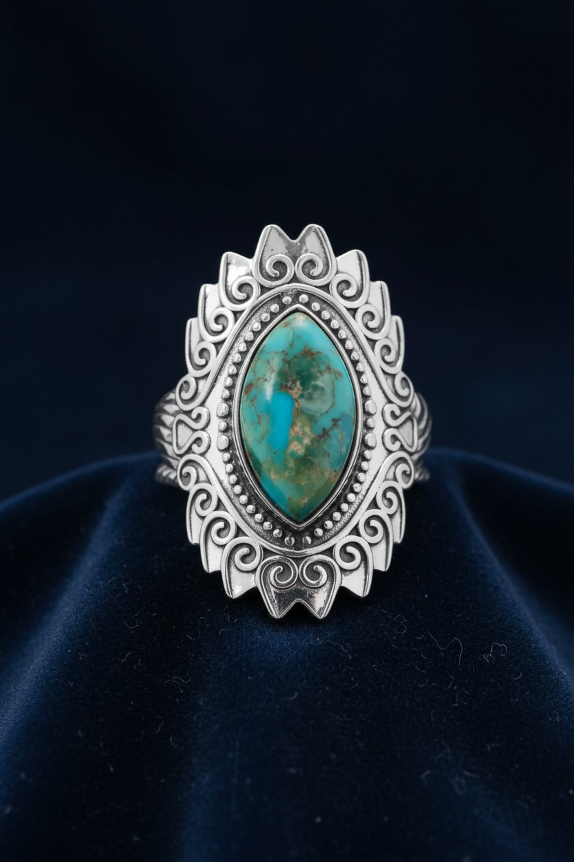 Turquoise Crown Ring on Navy Velvet