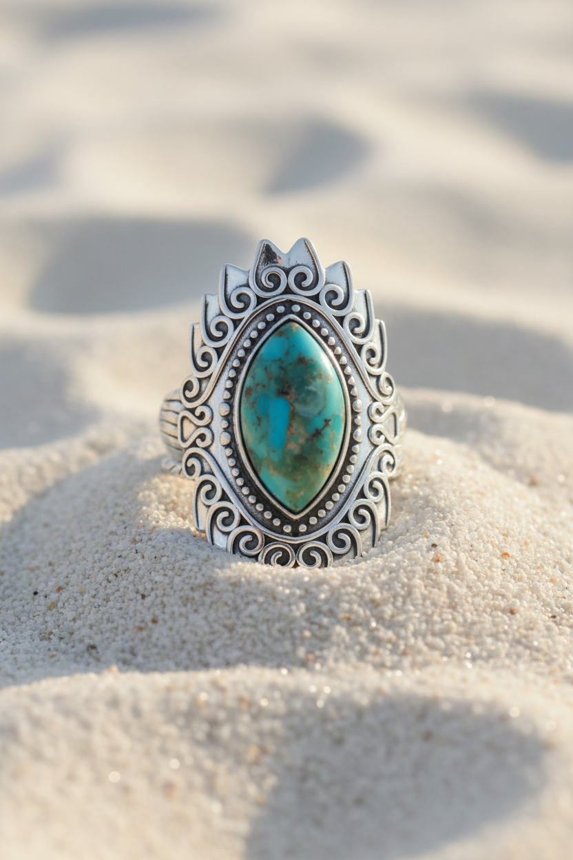Turquoise Crown Ring on Sand Background