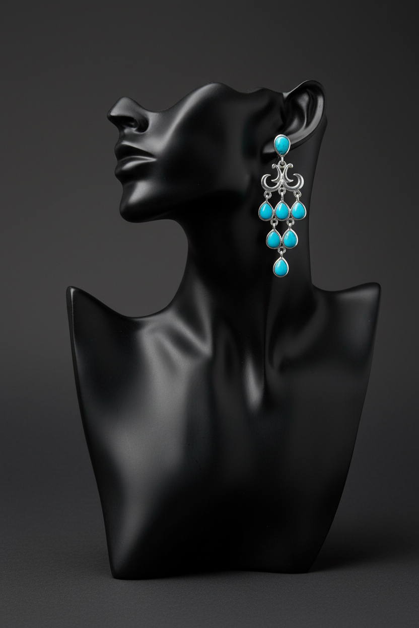Turquoise earrings on black mannequin