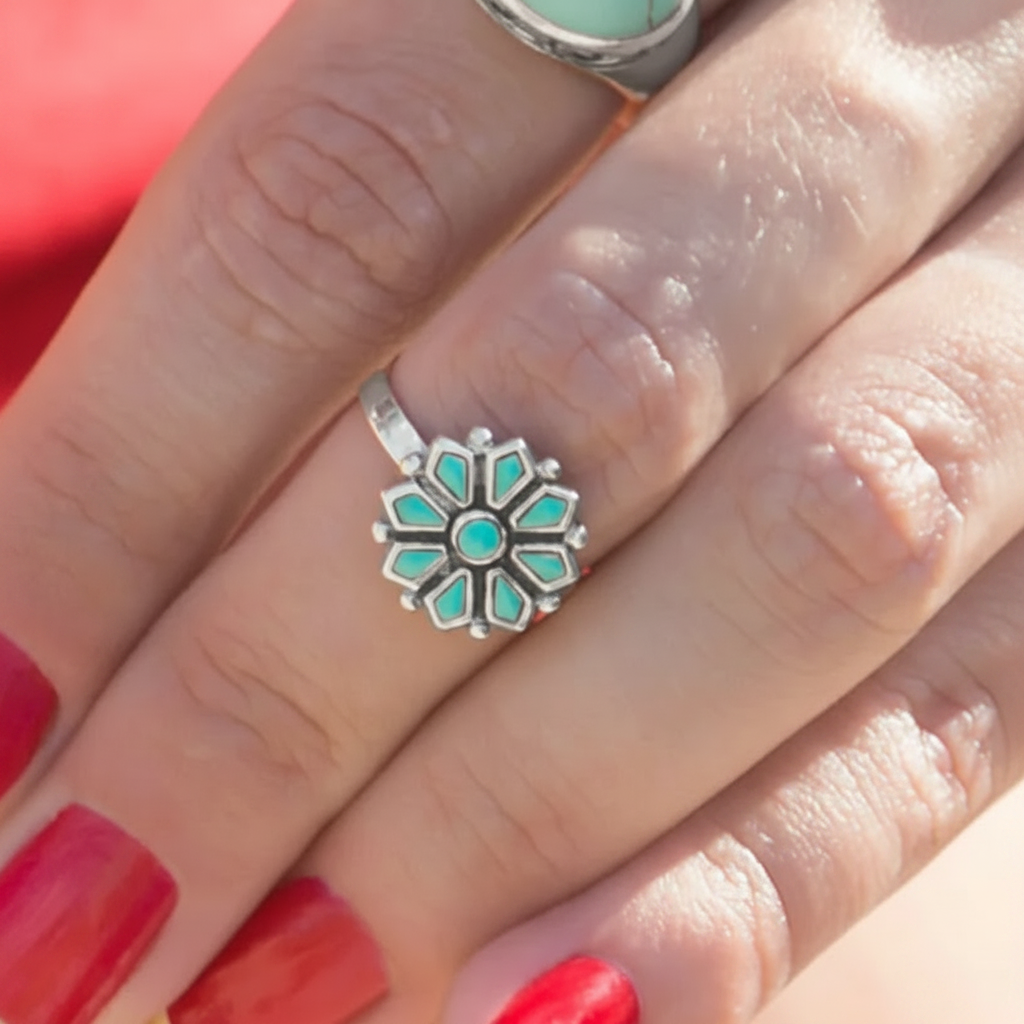 Turquoise Eight Petal Snowflake Flower Silver Ring Female Model Red Nails Sunny Outdoor Sharp Clear Lifestyle 1x1