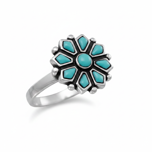 Turquoise Eight Petal Snowflake Flower Silver Ring Pure White Background Tilted Reflection 1x1