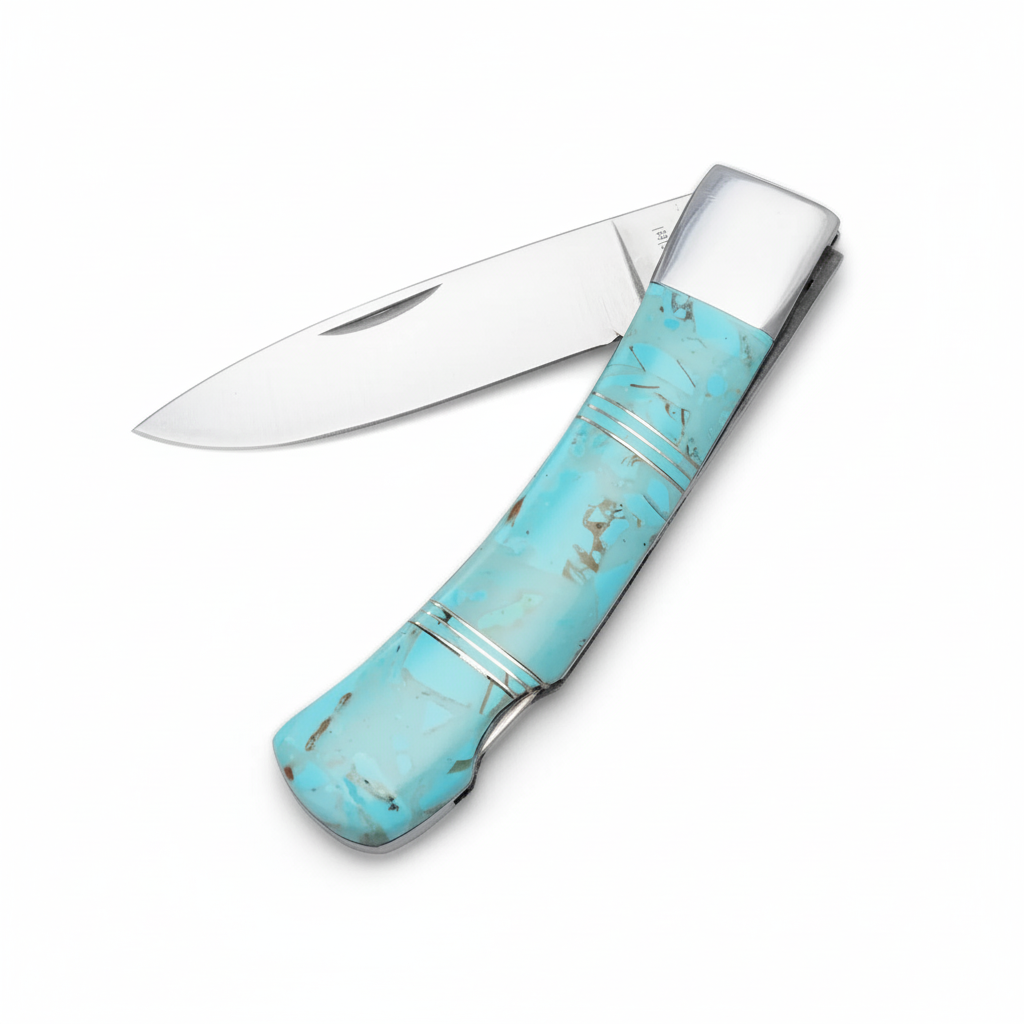 Turquoise folding knife partially open