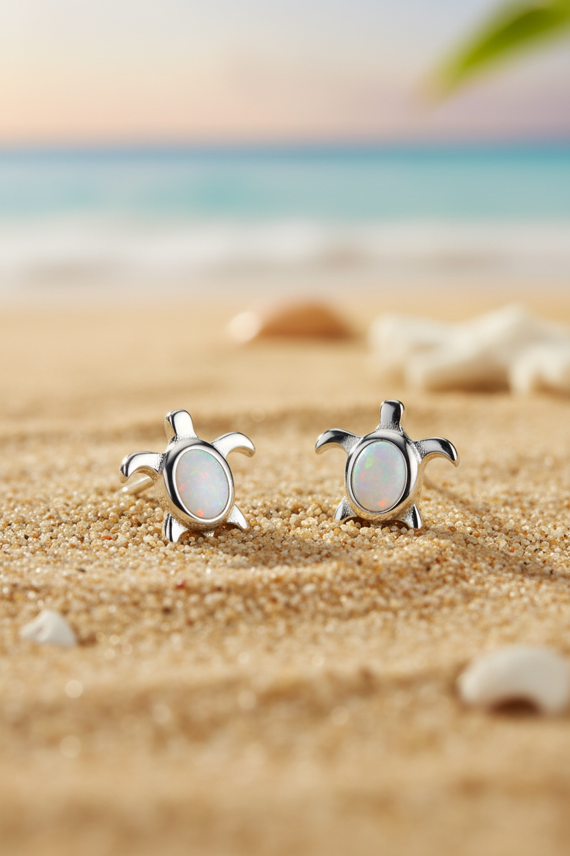 Turtle studs on tropical beach sand