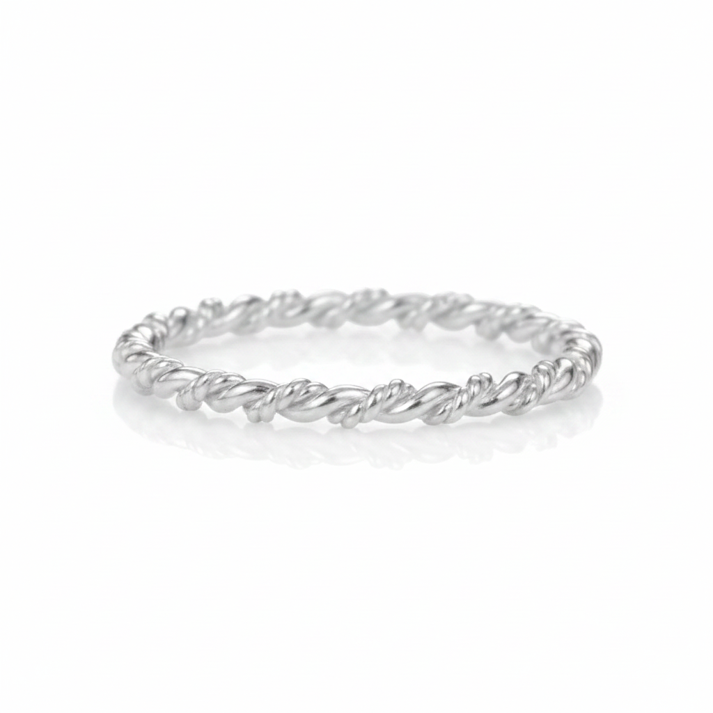 Twisted Rope Band Silver Ring Supplier Reference Pure White Background Tilted Reflection 1x1