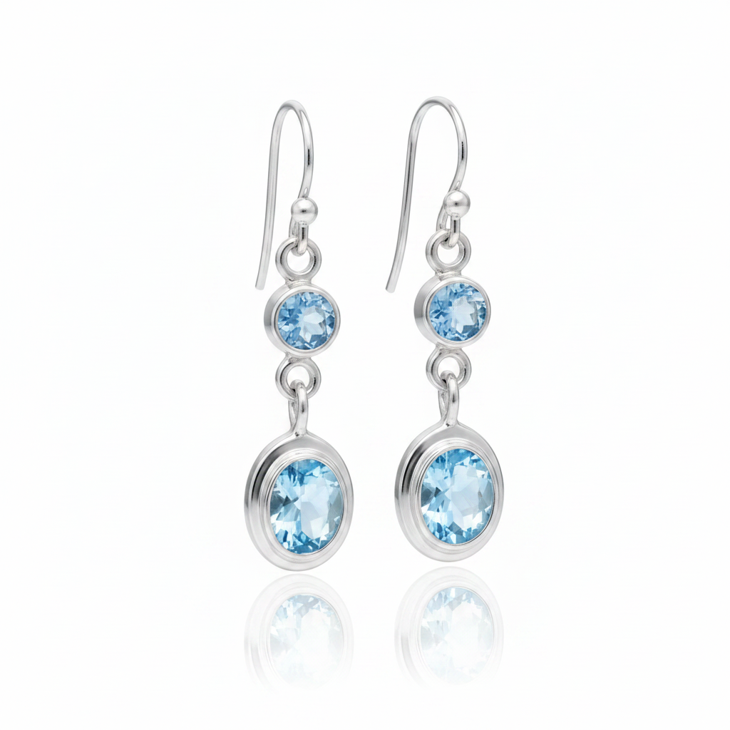 Two-Stone Blue Topaz Dangle Earrings - White Background