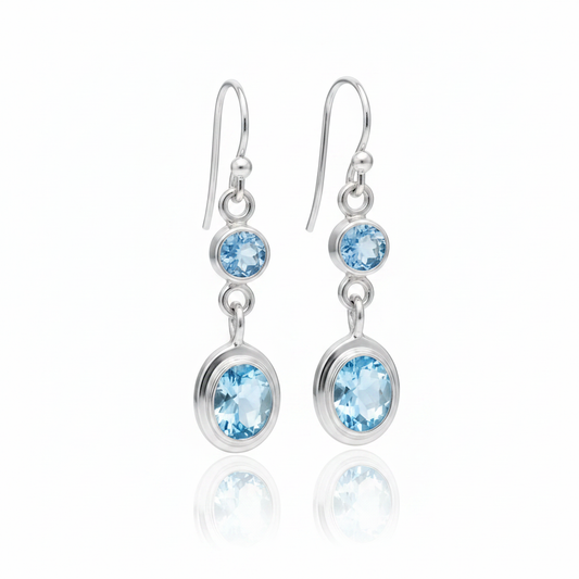 Two-Stone Blue Topaz Dangle Earrings - White Background