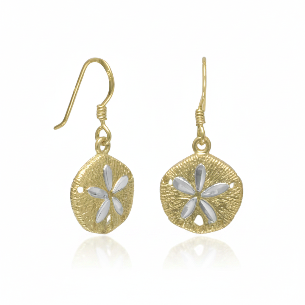 Two-Tone Gold Silver Sand Dollar Earrings - White Background