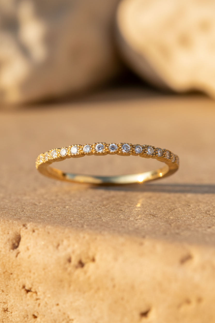 Ultra Thin Milgrain CZ Half Eternity Gold Band Ring Sunlight Background