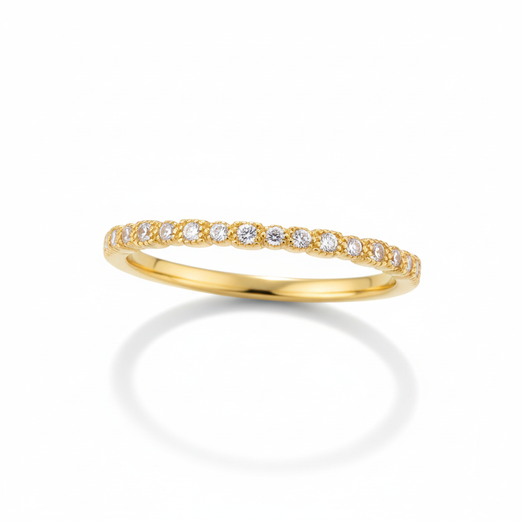 Ultra Thin Milgrain CZ Half Eternity Gold Band Ring Tilted White Background 1x1