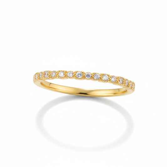 Ultra Thin Milgrain CZ Half Eternity Gold Band Ring Tilted White Background 1x1