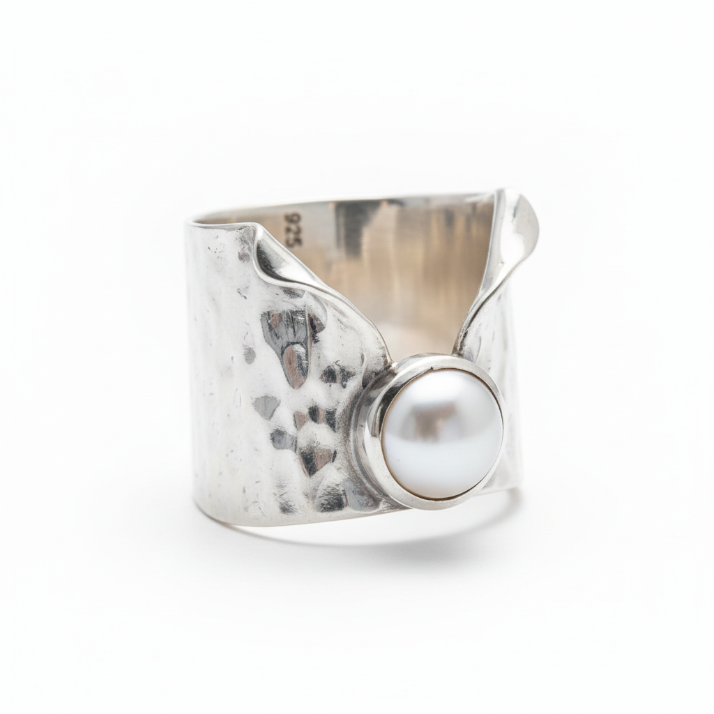 Ultra Wide Hammered Pearl Silver Ring Pure White Background Retry