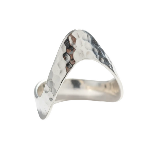Ultra Wide Hammered V-Peak Silver Ring Pure White Background Tilted 1x1