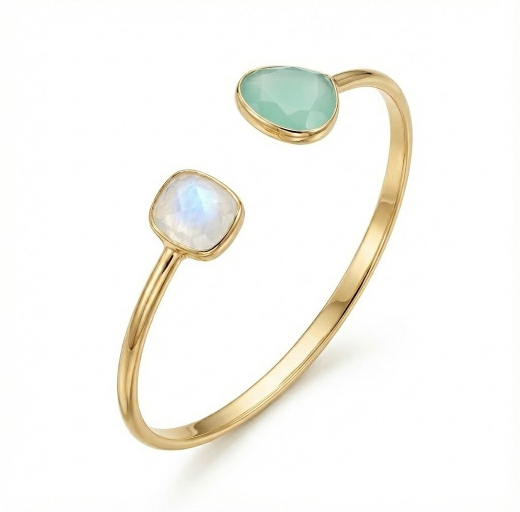 Rainbow Moonstone Green Chalcedony Split Cuff 14K Gold Plated 925 Silver 3mm
